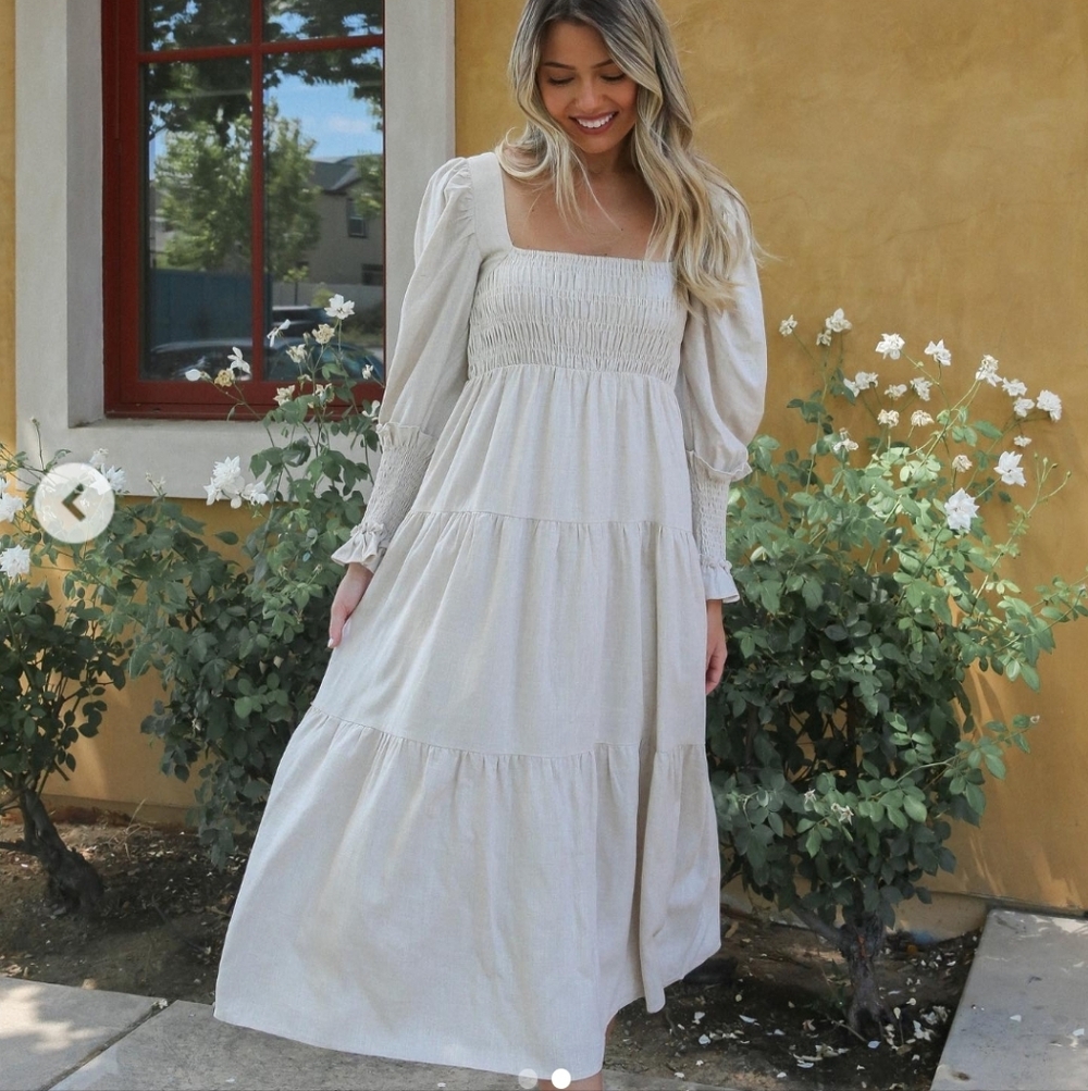 Girl and the Sun Bambi Maxi Dress XS Oatmeal Linen Blend Cottagecore Smocked - Picture 3 of 9